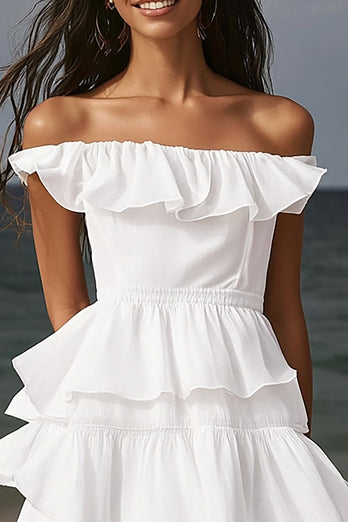 Ivory A Line Tiered Midi Engagement Dress with Ruffles