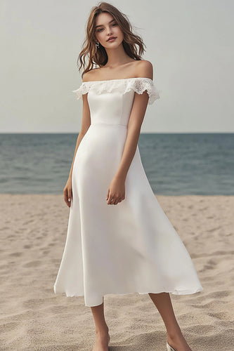 Ivory Satin A Line Midi Wedding Reception Dress with Lace