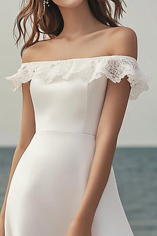 Ivory Satin A Line Midi Wedding Reception Dress with Lace