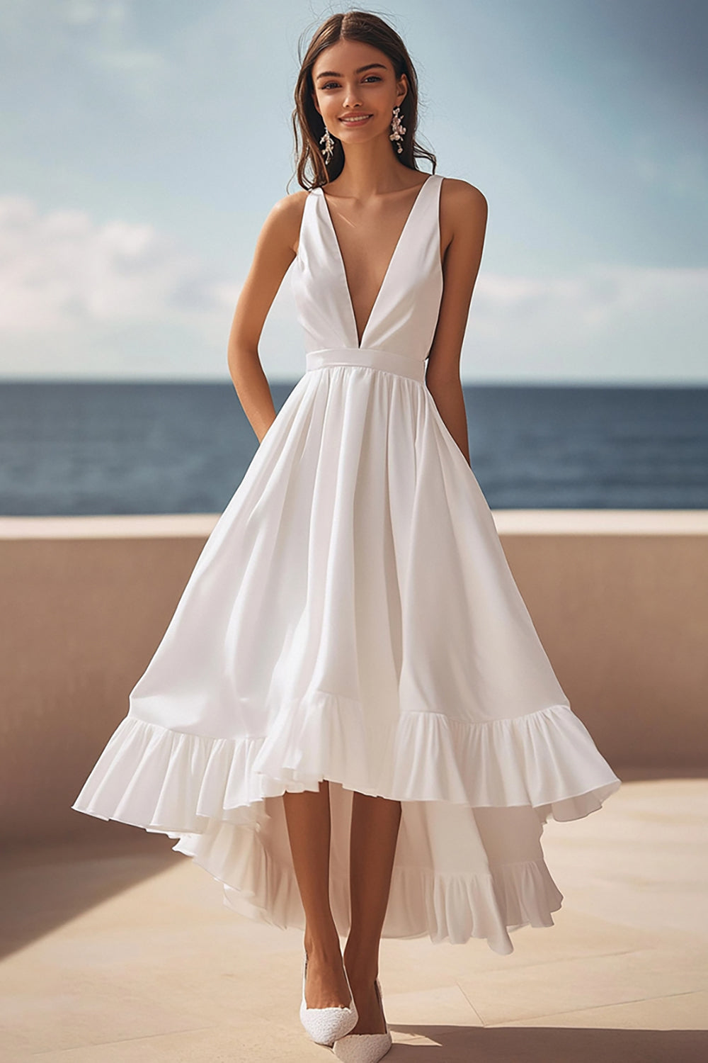 Ivory Satin Deep V-Neck High-Low Engagement Dress
