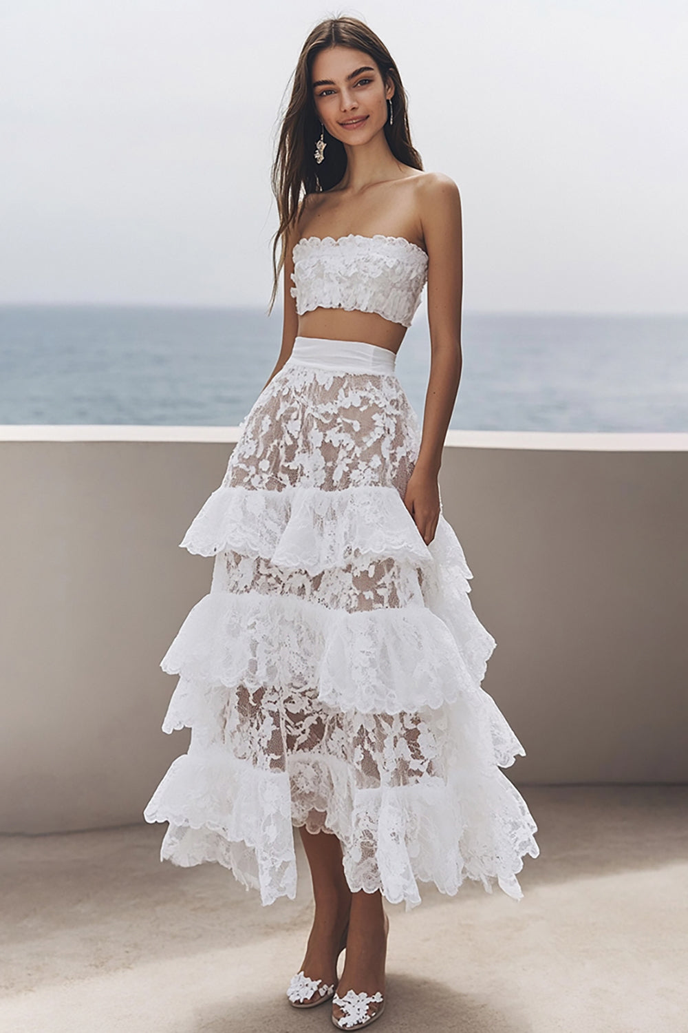 Lace Ivory 2 Piece Tiered Maxi Rehearsal Dinner Dress with Ruffles