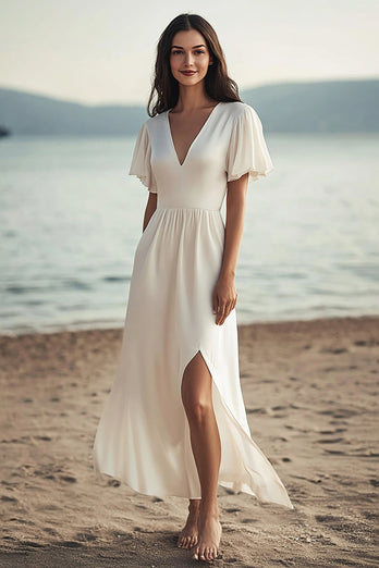 Ivory Chiffon V-Neck Long Beach Engagement Dress with Slit