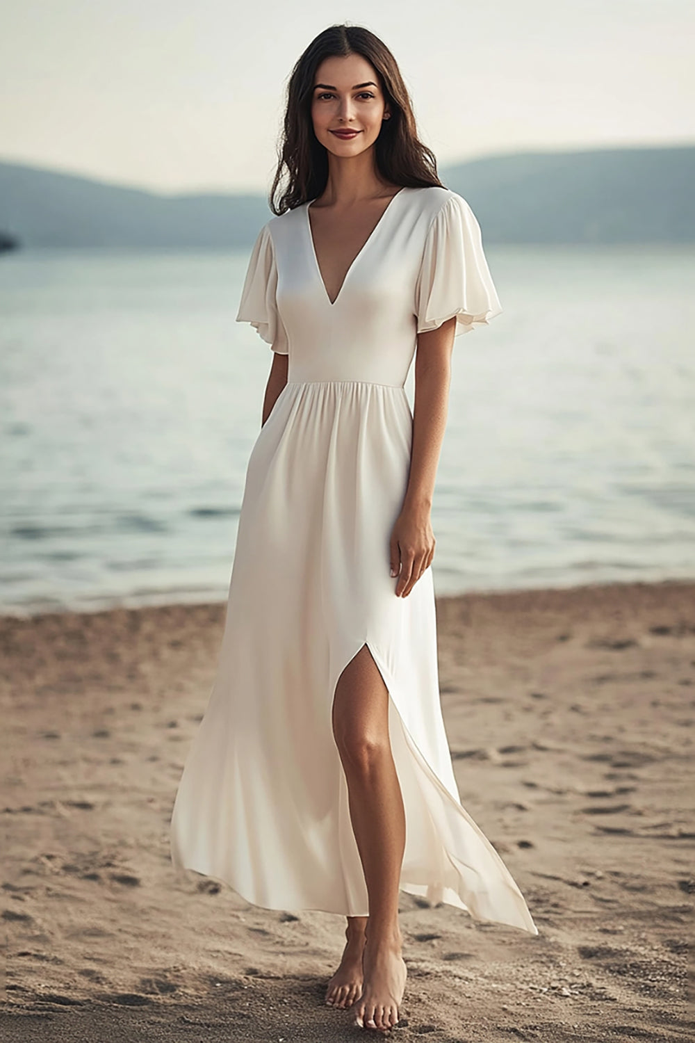 Ivory Chiffon V-Neck Long Beach Engagement Dress with Slit