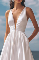Load image into Gallery viewer, Simple Ivory Satin Deep V-Neck Maxi Wedding Reception Dress
