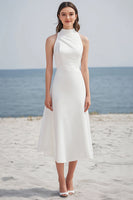 Load image into Gallery viewer, Ivory Satin High Neck Long Rehearsal Dinner Dress