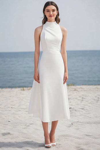 Ivory Satin High Neck Long Rehearsal Dinner Dress