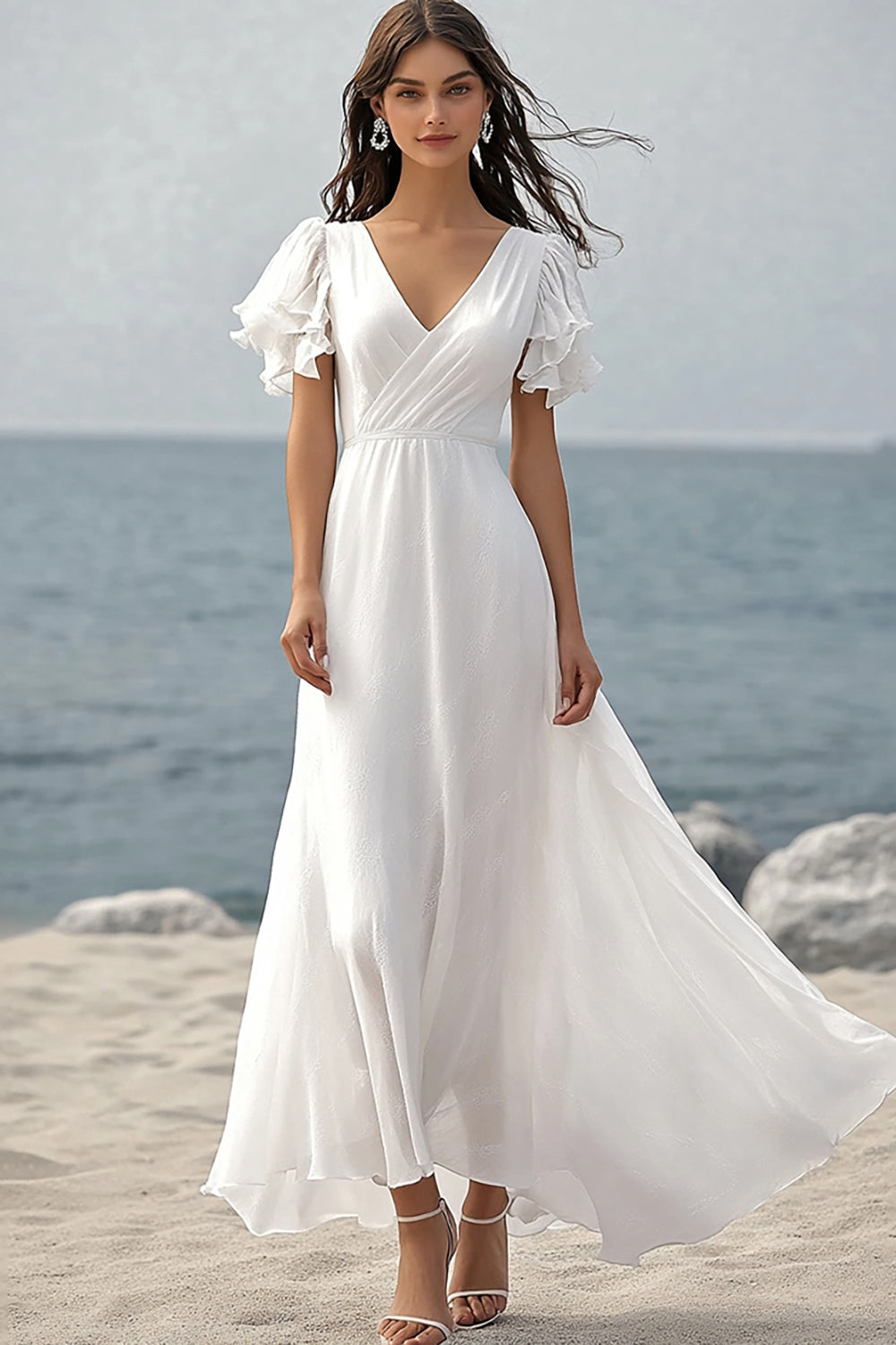 Ivory Chiffon Beach Maxi Wedding Reception Dress with Ruffles