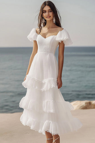 Ivory A Line Beach Maxi Ruffled Engagement Dress with Lace
