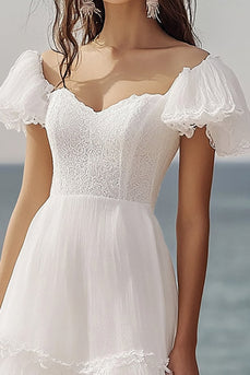 Ivory A Line Beach Maxi Ruffled Engagement Dress with Lace