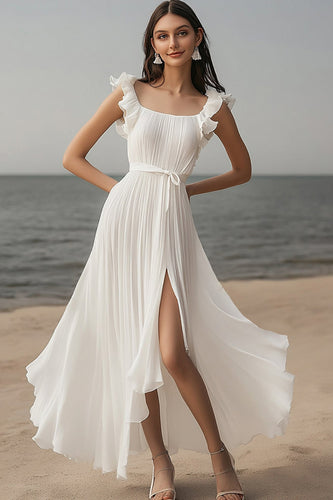 Ivory Chiffon Pleated Beach Maxi Engagement Dress with Sash