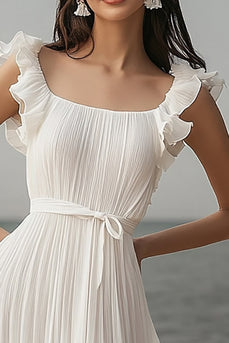 Ivory Chiffon Pleated Beach Maxi Engagement Dress with Sash