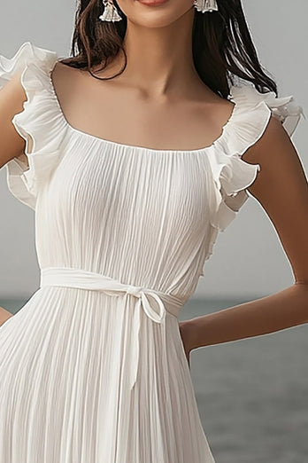Ivory Chiffon Pleated Beach Maxi Engagement Dress with Sash
