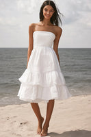 Load image into Gallery viewer, Ivory A Line Strapless Beach Midi Engagement Dress with Ruffles