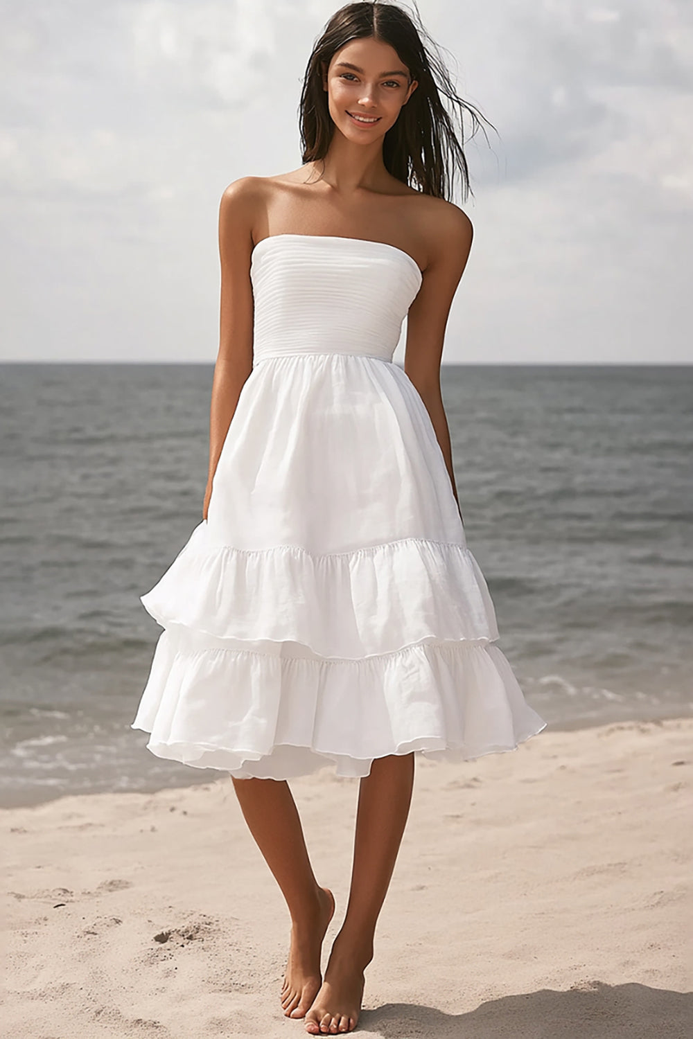 Ivory A Line Strapless Beach Midi Engagement Dress with Ruffles