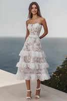 Load image into Gallery viewer, Lace Ivory A Line Maxi Strapless Wedding Reception Dress with Ruffles