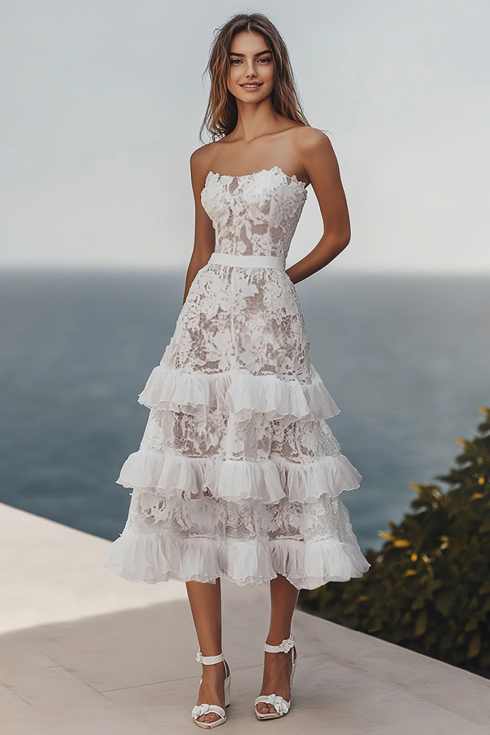 Lace Ivory A Line Maxi Strapless Wedding Reception Dress with Ruffles
