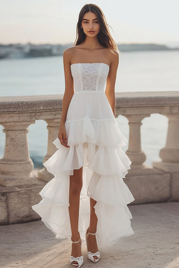 Ivory Strapless Tiered Organza High-Low Engagement Dress