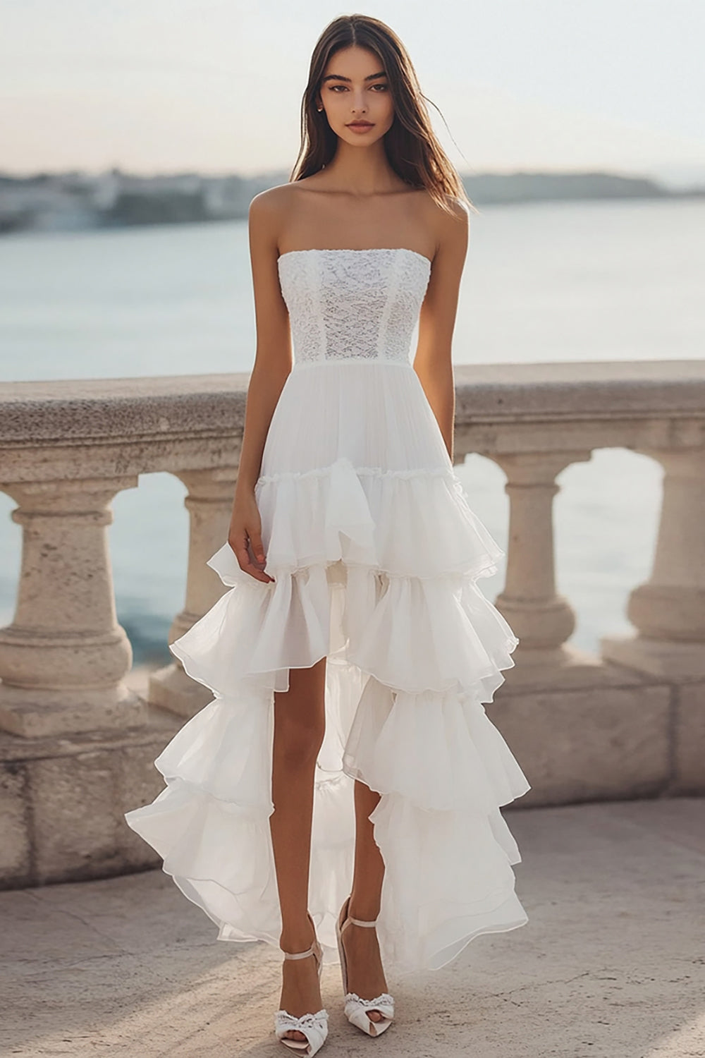 Ivory Strapless Tiered Organza High-Low Engagement Dress