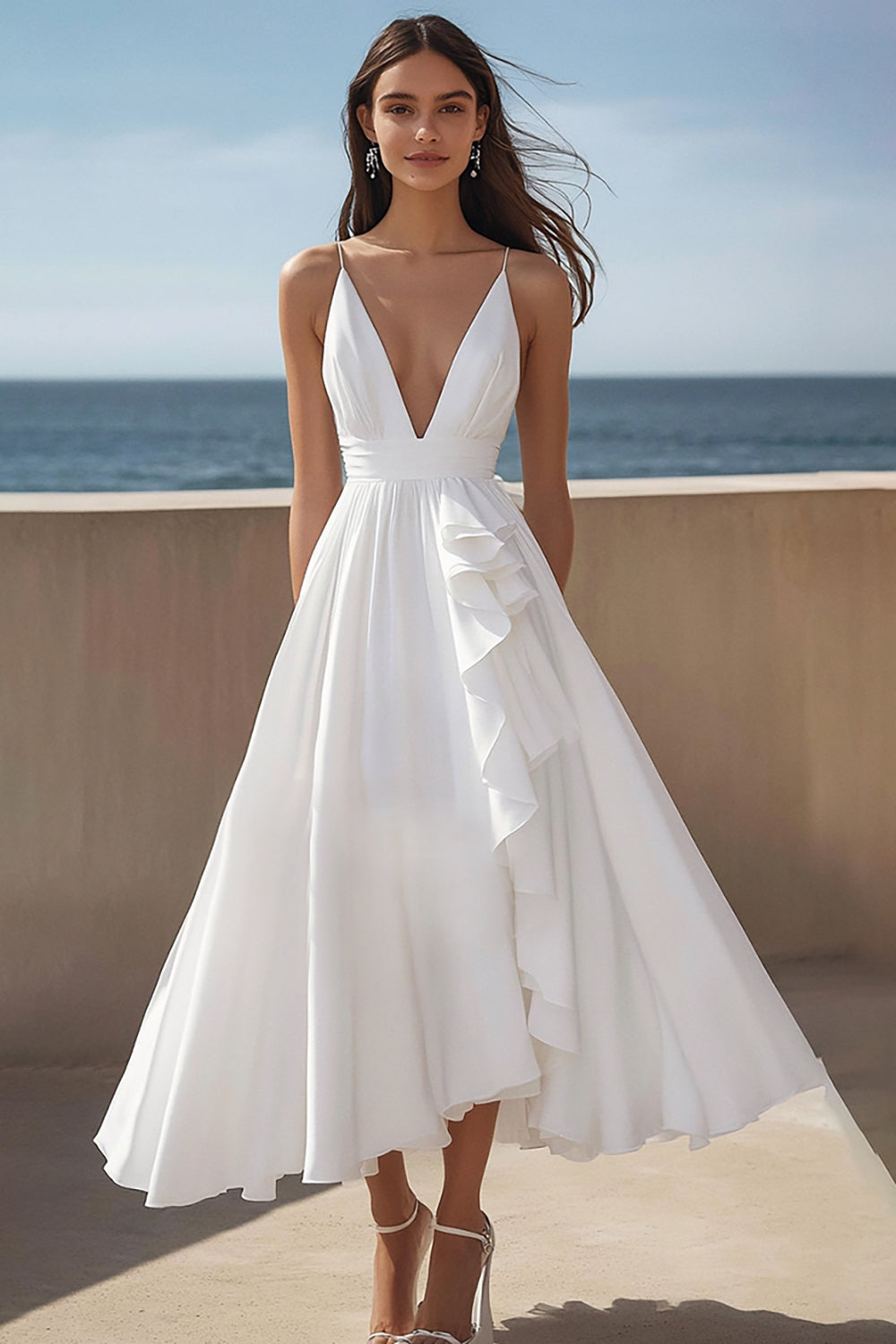 Ivory Satin A Line V-Neck Maxi Rehearsal Dinner Dress with Ruffles