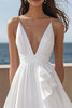 Load image into Gallery viewer, Ivory Satin A Line V-Neck Maxi Rehearsal Dinner Dress with Ruffles