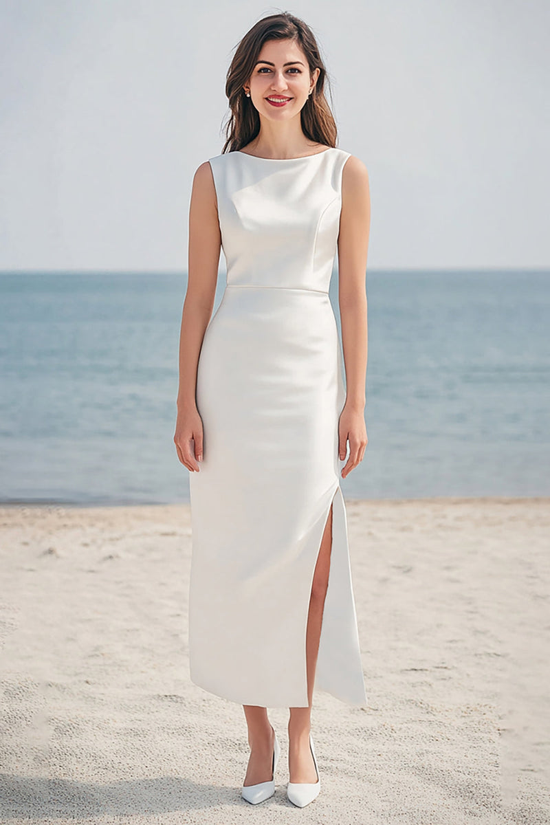 Load image into Gallery viewer, Ivory Sheath Satin Long Wedding Reception Dress with Slit