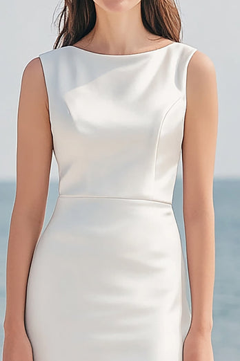 Ivory Sheath Satin Long Wedding Reception Dress with Slit