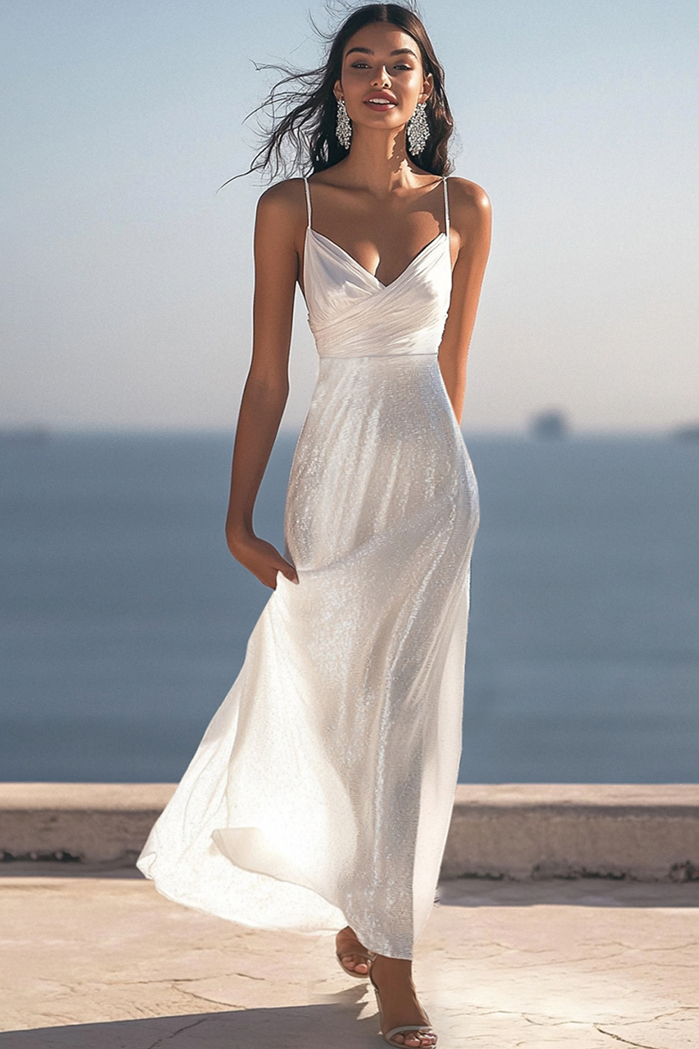 Sparkly Ivory Ruched Maxi Sequins Rehearsal Dinner Dress