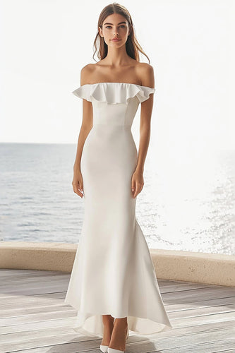 Ivory Satin Maxi Mermaid Wedding Reception Dress with Ruffles