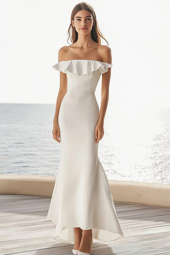 Ivory Satin Maxi Mermaid Wedding Reception Dress with Ruffles