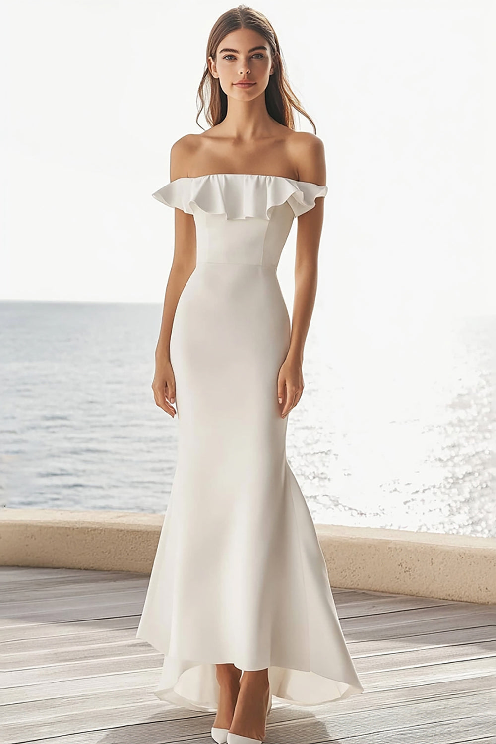 Ivory Satin Maxi Mermaid Wedding Reception Dress with Ruffles