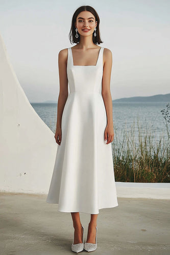 Ivory Satin A Line Square Neck Maxi Rehearsal Dinner Dress