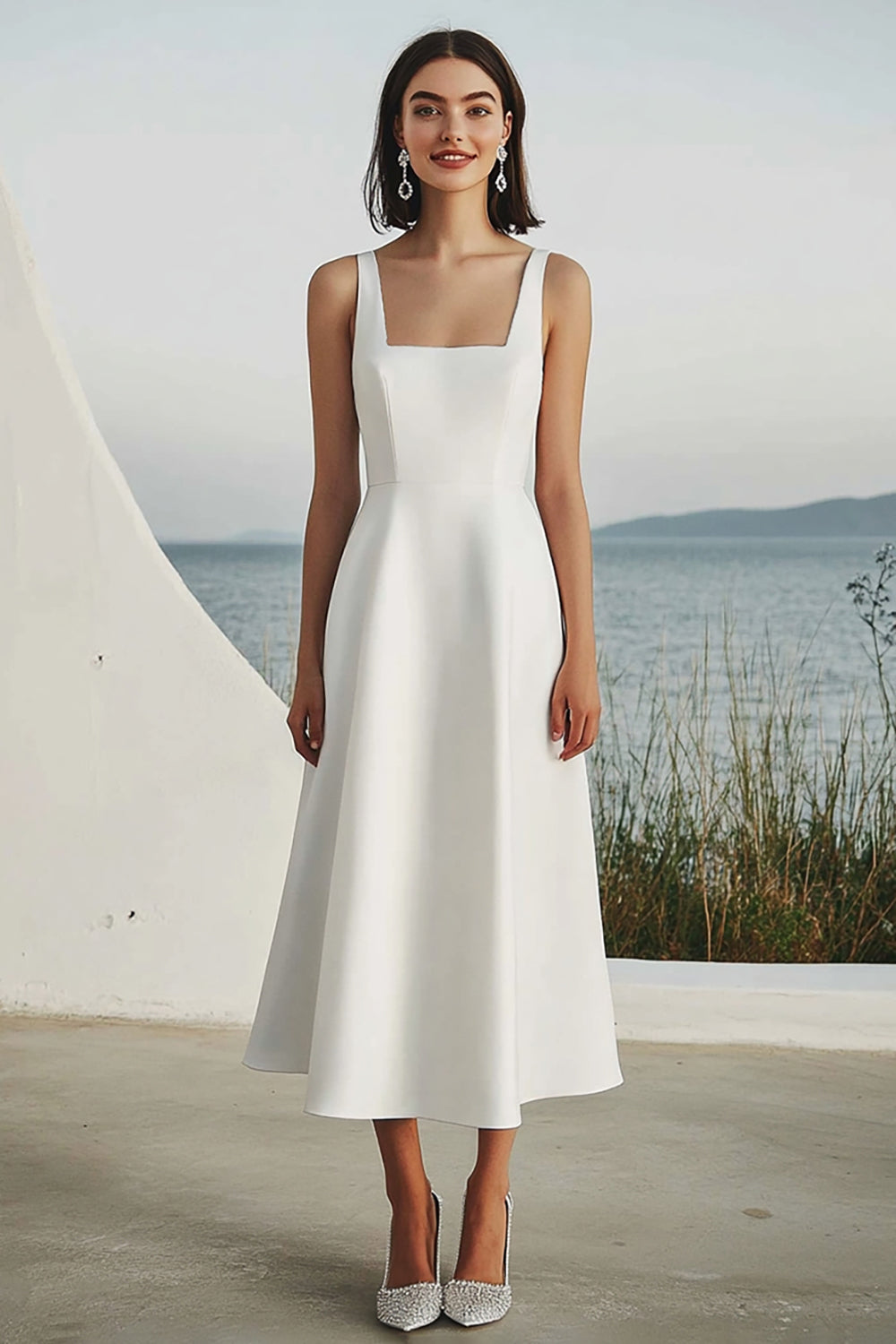 Ivory Satin A Line Square Neck Maxi Rehearsal Dinner Dress