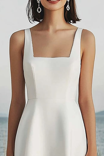 Ivory Satin A Line Square Neck Maxi Rehearsal Dinner Dress