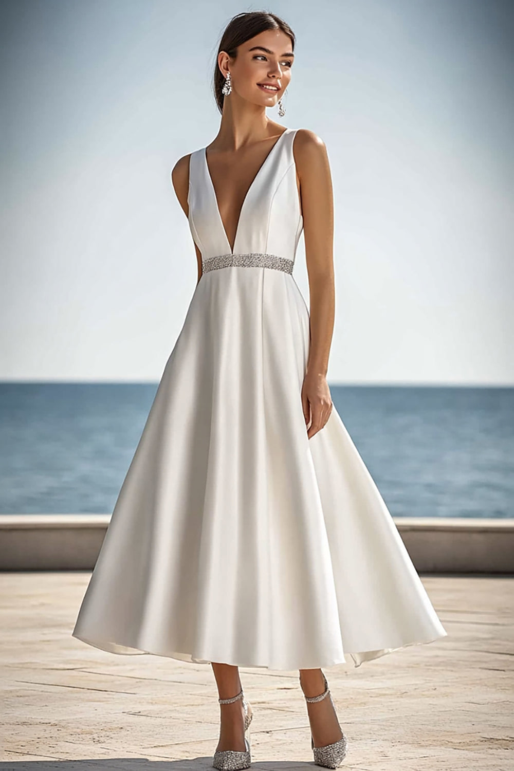 Ivory V-Neck Satin RMaxi ehearsal Dinner Dress with Beading