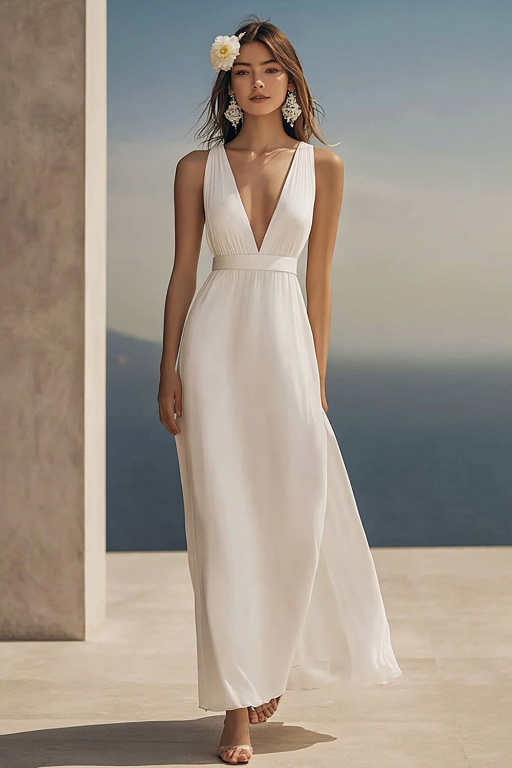 Simple Ivory Chiffon Deep V-Neck Long Engagement Dress
