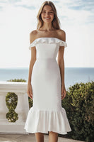 Load image into Gallery viewer, Ivory Satin Bodycon Midi Engagement Dress with Ruffles