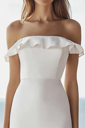 Ivory Satin Bodycon Midi Engagement Dress with Ruffles