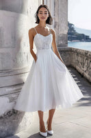 Load image into Gallery viewer, Tulle Ivory Corset Midi Rehearsal Dinner Dress with Lace