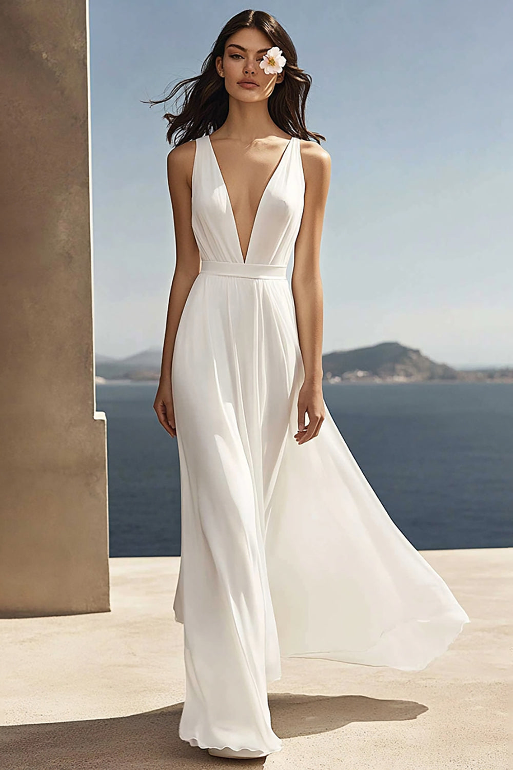 Ivory Chiffon A Line Deep V-Neck Maxi Engagement Dress