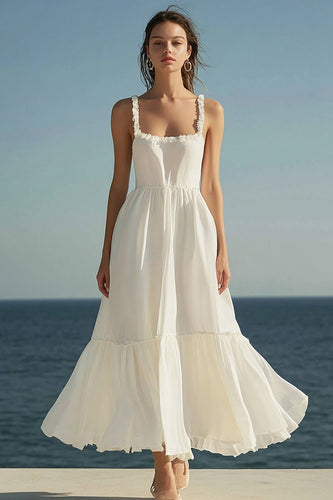 Ivory A Line Square Neck Maxi Engagement Dress with Ruffles
