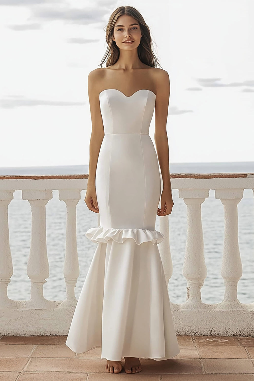 Ivory Satin Mermaid Maxi Wedding Reception Dress with Ruffles