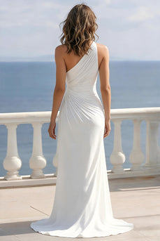 Ivory One Shoulder Beach Maxi Ruched Engagement Dress with Slit