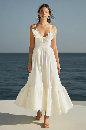 Ivory A Line Spaghetti Straps Maxi Engagement Dress with Ruffles