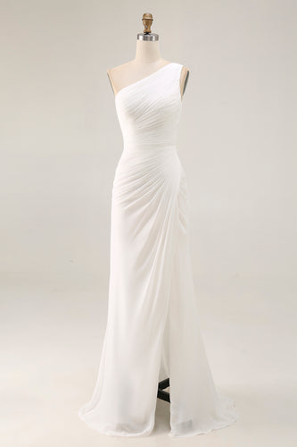 Ivory Chiffon One Shoulder Ruched Long Engagement Dress with Slit