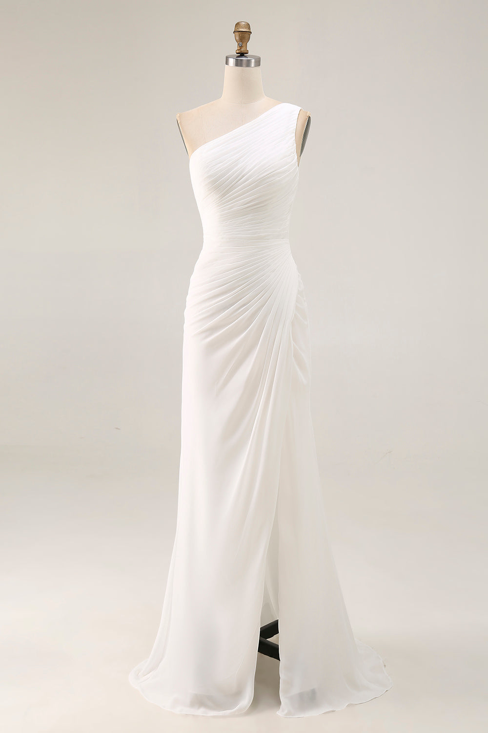 Ivory Chiffon One Shoulder Ruched Long Engagement Dress with Slit
