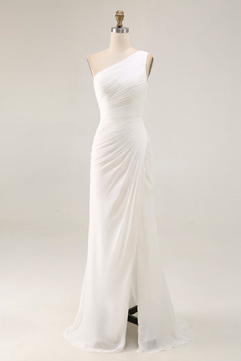 Ivory Chiffon One Shoulder Maxi Engagement Dress with Slit