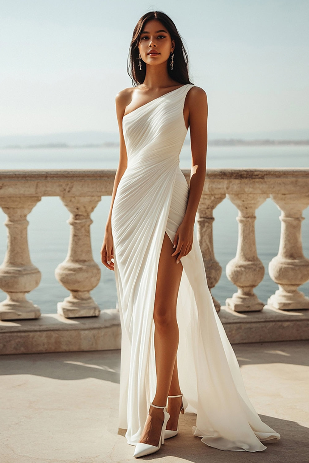 Ivory Chiffon One Shoulder Maxi Engagement Dress with Slit