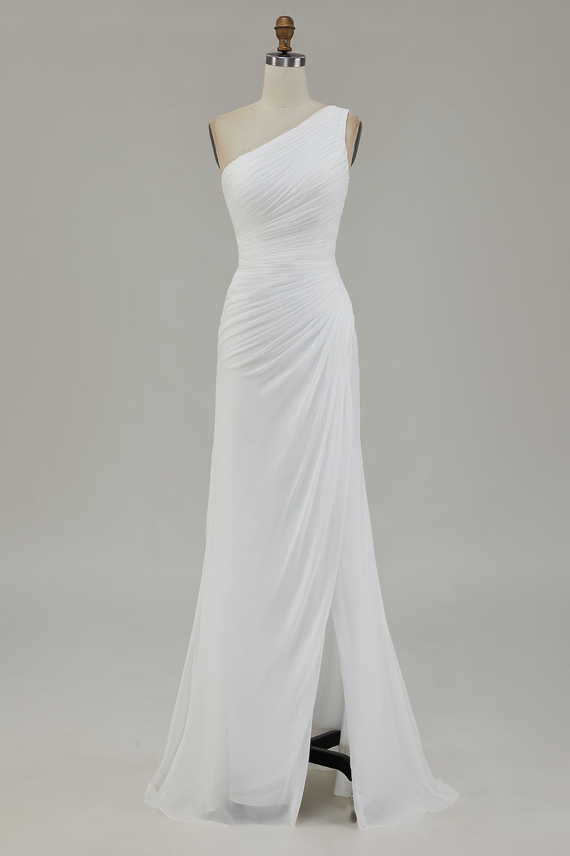 Load image into Gallery viewer, Ivory Chiffon One Shoulder Maxi Engagement Dress with Slit