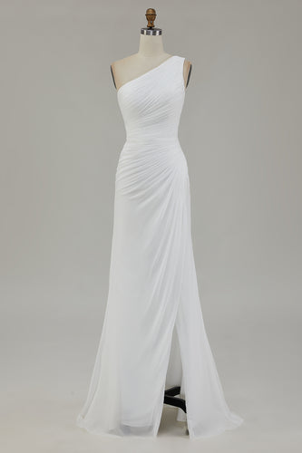 Ivory Chiffon One Shoulder Ruched Long Engagement Dress with Slit