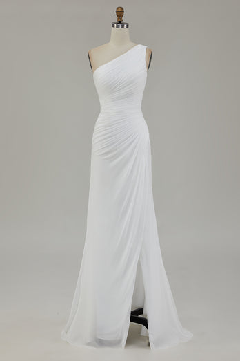 Ivory Chiffon One Shoulder Ruched Long Engagement Dress with Slit